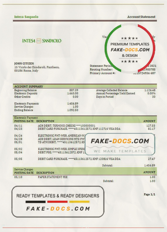 Italy Intesa Sanpaolo statement template in .doc and .pdf format, fully editable Italy Intesa Sanpaolo statement template in .doc and .pdf format, fully editable