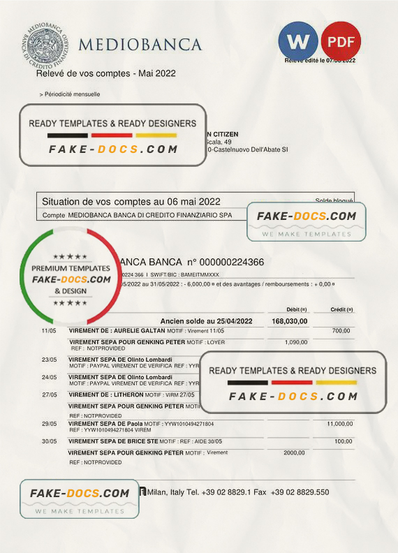 Italy Mediobanca bank statement Word and PDF template Italy Mediobanca bank statement Word and PDF template