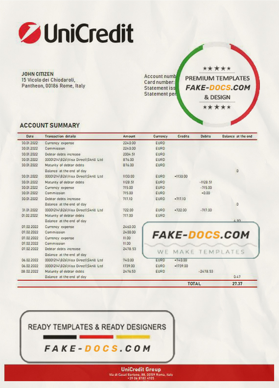Italy Unicredit statement template in .doc and .pdf format, fully editable Italy Unicredit statement template in .doc and .pdf format, fully editable