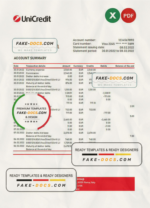 Italy Unicredit bank statement Excel and PDF template Italy Unicredit bank statement Excel and PDF template