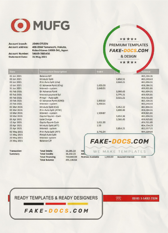 Japan MUFG bank statement template in Excel and PDF format Japan MUFG bank statement template in Excel and PDF format