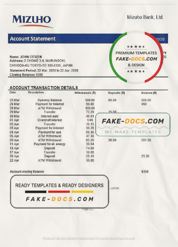 Japan Mizuho Bank statement template in Word and PDF format, good for address prove Japan Mizuho Bank statement template in Word and PDF format, good for address prove