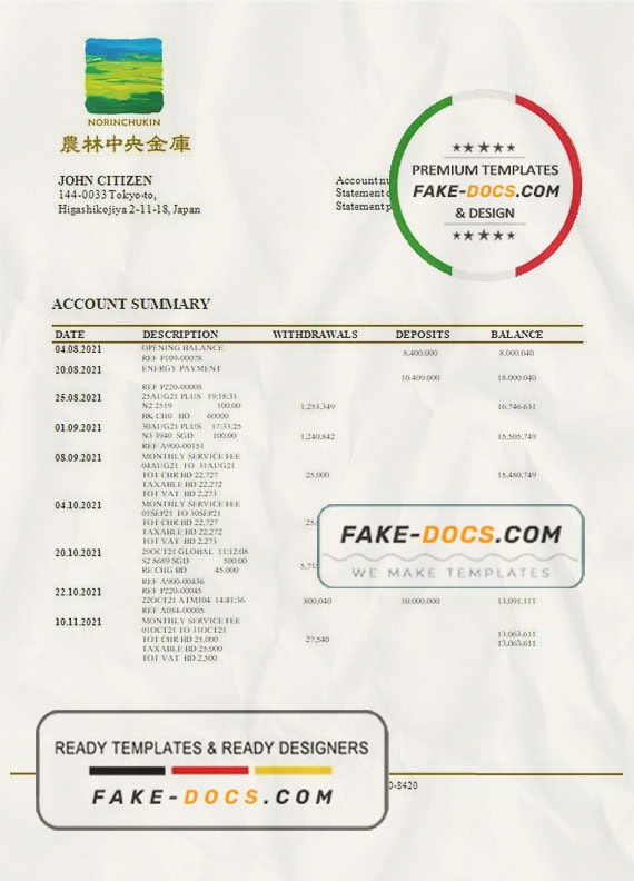 Japan Norinchukin bank statement template in Word and PDF format Japan Norinchukin bank statement template in Word and PDF format