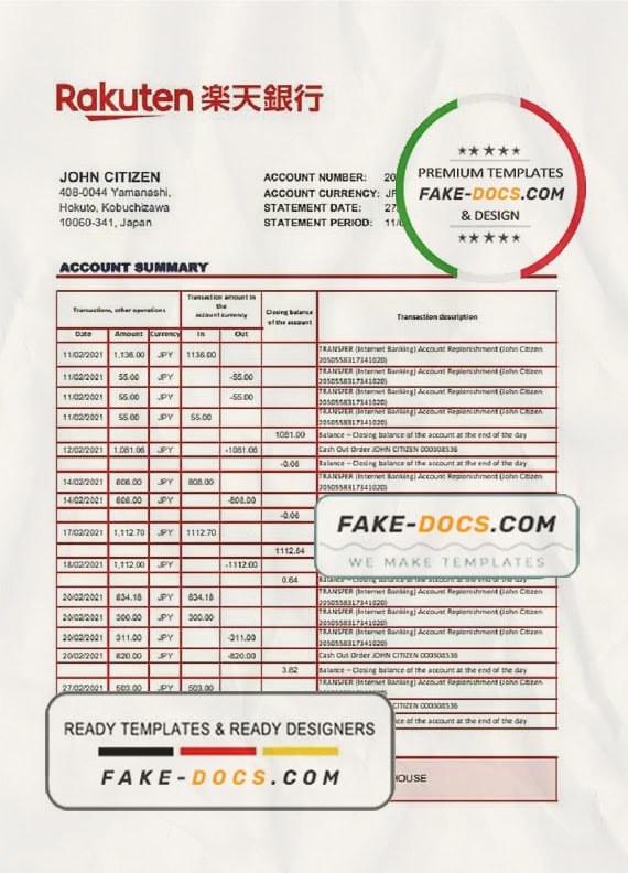 Japan Rakuten bank statement template in Word and PDF format Japan Rakuten bank statement template in Word and PDF format