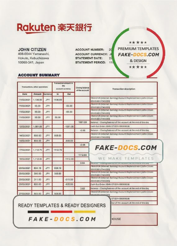 Japan Rakuten bank statement template in Excel and PDF format Japan Rakuten bank statement template in Excel and PDF format