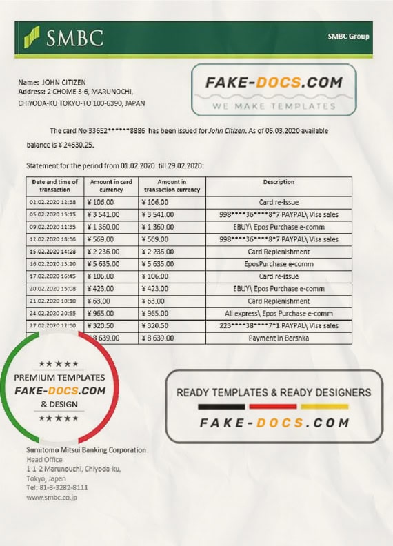 Japan Sumitomo Mitsui Banking Corporation (SMBC) bank statement template in Word and PDF format Japan Sumitomo Mitsui Banking Corporation (SMBC) bank statement template in Word and PDF format