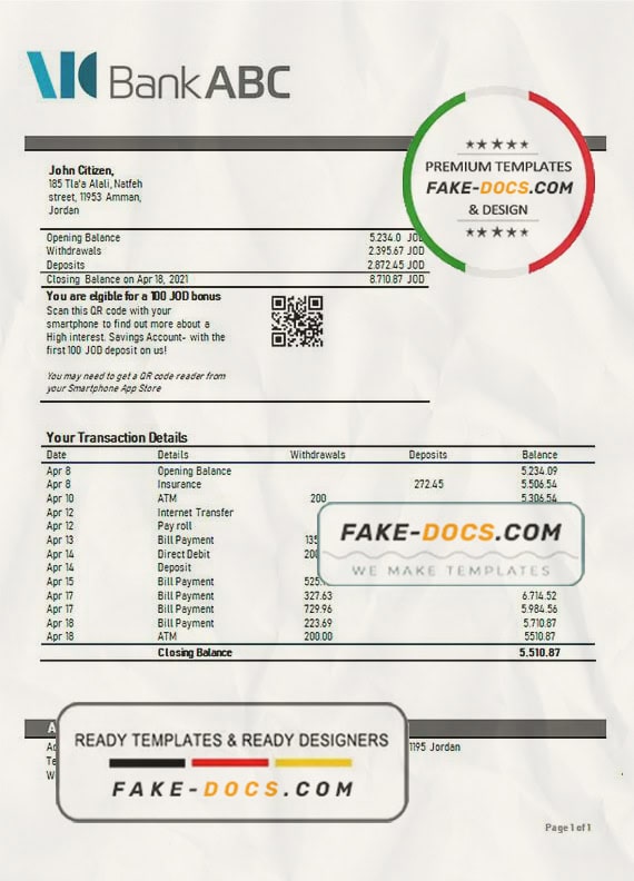 Jordan ABC proof of address bank statement template in Word and PDF format Jordan ABC proof of address bank statement template in Word and PDF format