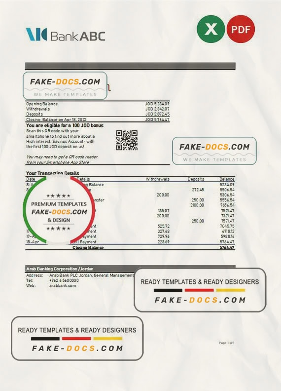Jordan ABC bank statement Excel and PDF template Jordan ABC bank statement Excel and PDF template