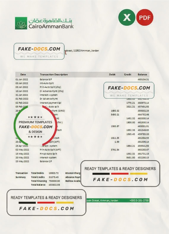 Jordan Cairo Amman bank statement Excel and PDF template Jordan Cairo Amman bank statement Excel and PDF template