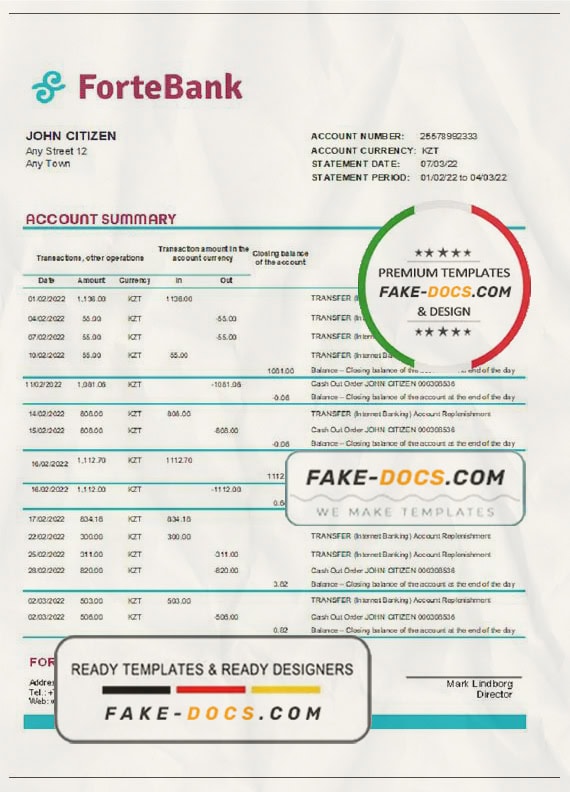 Kazakhstan Forte bank statement template in Word and PDF format Kazakhstan Forte bank statement template in Word and PDF format