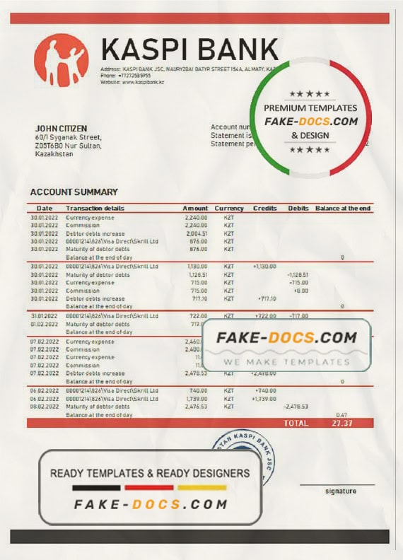 Kazakhstan Kaspi bank proof of address statement template in Word and PDF format Kazakhstan Kaspi bank proof of address statement template in Word and PDF format