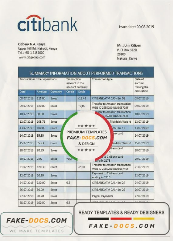 Kenya Citibank bank statement template in Word and PDF format Kenya Citibank bank statement template in Word and PDF format