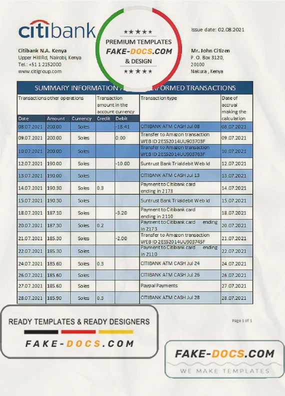 Kenya Citibank bank statement easy to fill template in .xls and .pdf file format Kenya Citibank bank statement easy to fill template in .xls and .pdf file format
