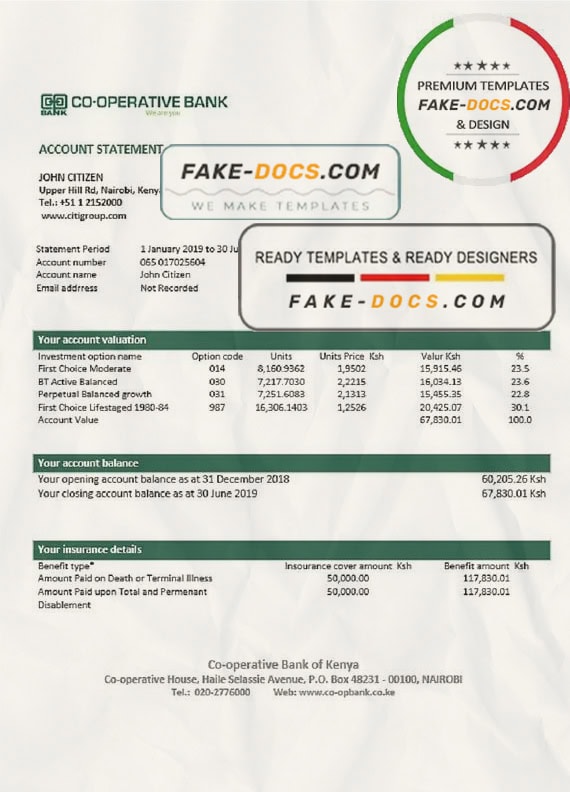 Kenya Co-Operative Bank proof of address statement template in Word and PDF format, .doc and .pdf format Kenya Co-Operative Bank proof of address statement template in Word and PDF format, .doc and .pdf format