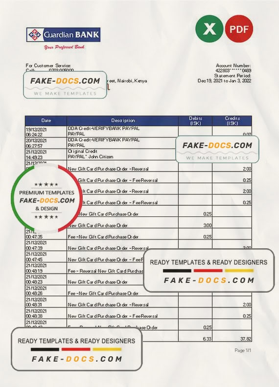 Kenya Guardian Bank statement Excel and PDF template Kenya Guardian Bank statement Excel and PDF template