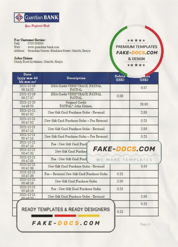 Kenya Guardian Bank proof of address statement template in Word and PDF format, .doc and .pdf format Kenya Guardian Bank proof of address statement template in Word and PDF format, .doc and .pdf format