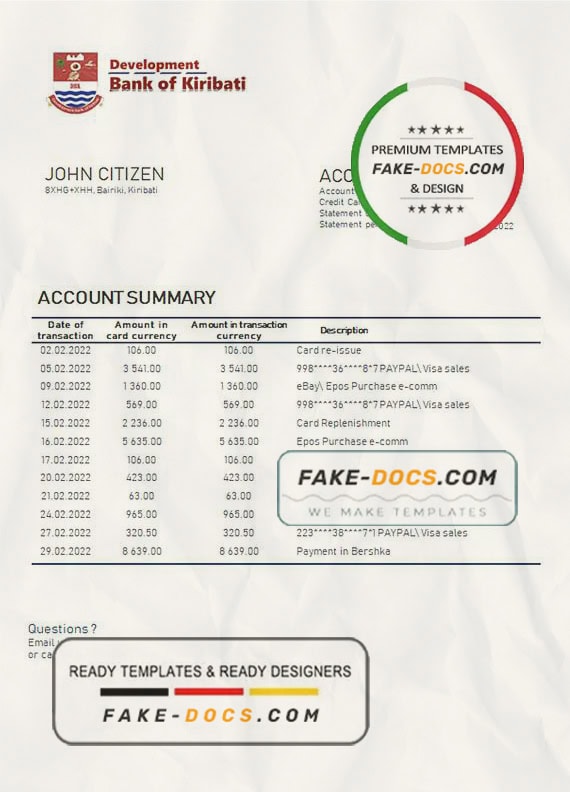 Kiribati Development Bank of Kiribati proof of address bank statement template in Word and PDF format (.doc and .pdf) Kiribati Development Bank of Kiribati proof of address bank statement template in Word and PDF format (.doc and .pdf)