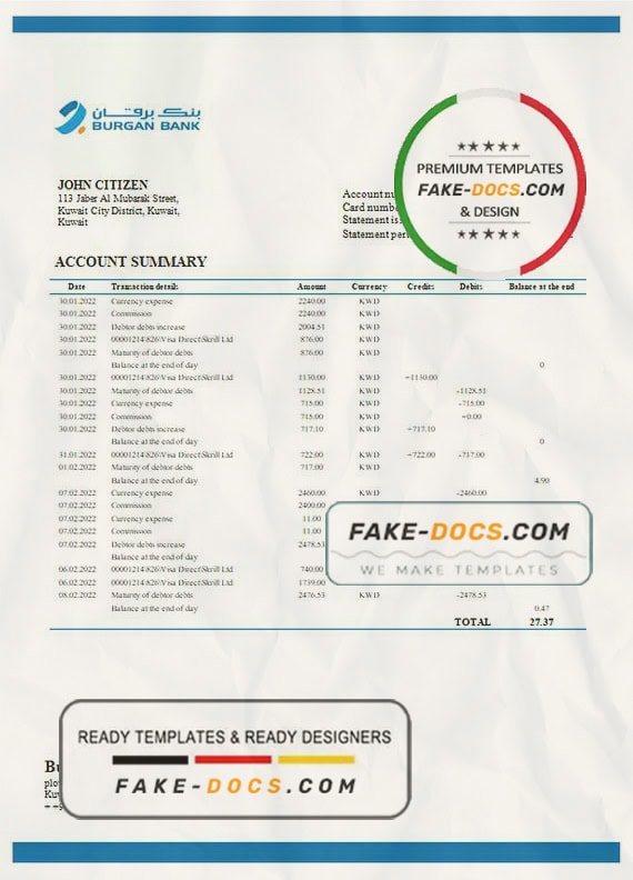 Kuwait Burgan bank statement template in Word and PDF format, fully editable Kuwait Burgan bank statement template in Word and PDF format, fully editable