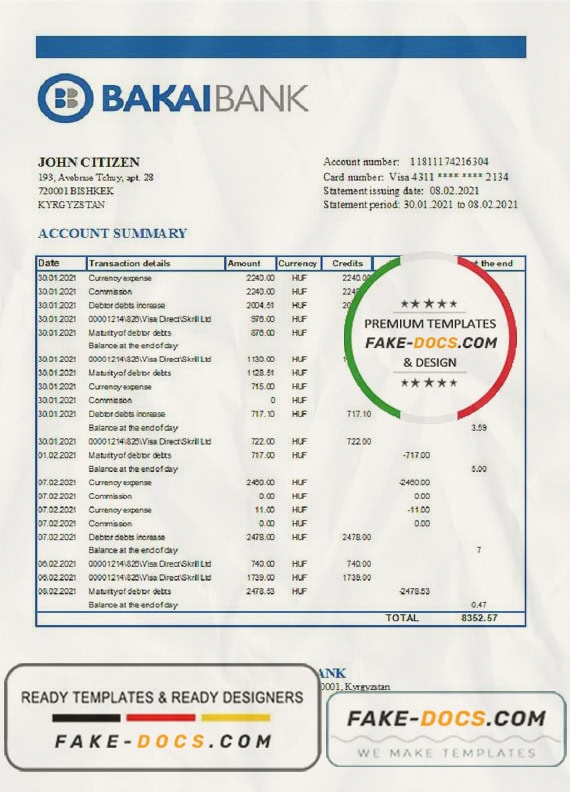 Kyrgyzstan OJSC Bakai Bank statement easy to fill template in Excel and PDF format Kyrgyzstan OJSC Bakai Bank statement easy to fill template in Excel and PDF format