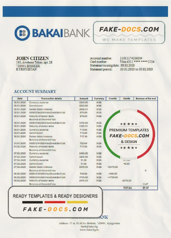 Kyrgyzstan OJSC Bakai Bank proof of address bank statement template in Word and PDF format Kyrgyzstan OJSC Bakai Bank proof of address bank statement template in Word and PDF format