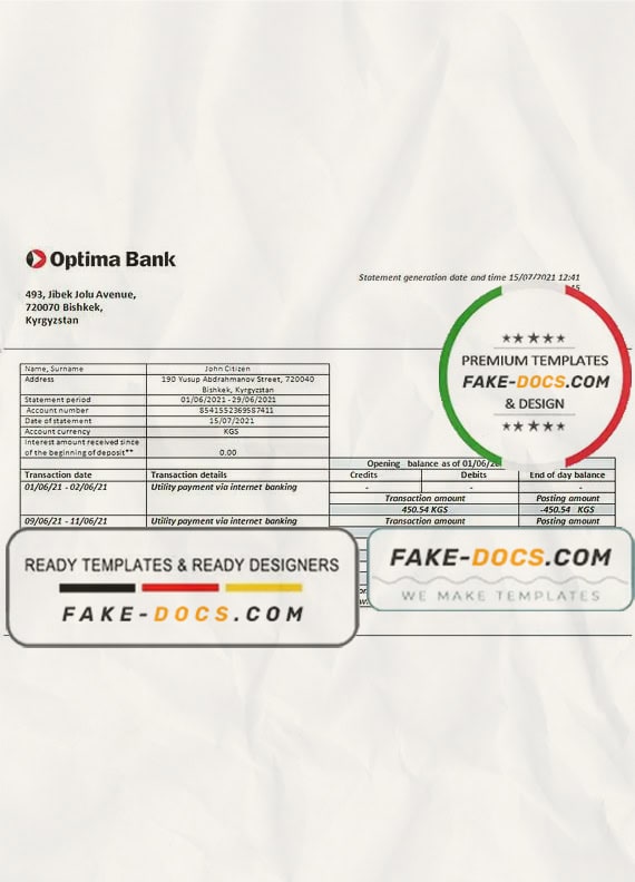 Kyrgyzstan Optima bank statement template in Word and PDF format Kyrgyzstan Optima bank statement template in Word and PDF format