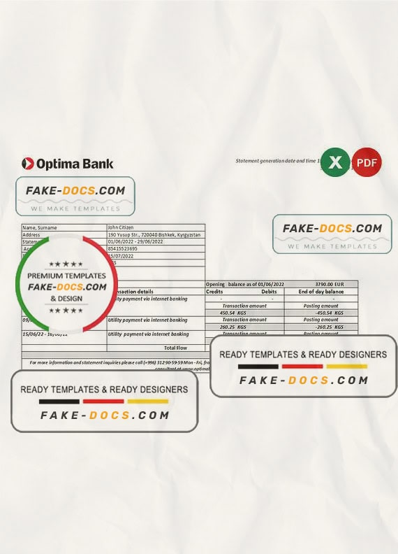Kyrgyzstan Optima bank statement Excel and PDF template Kyrgyzstan Optima bank statement Excel and PDF template