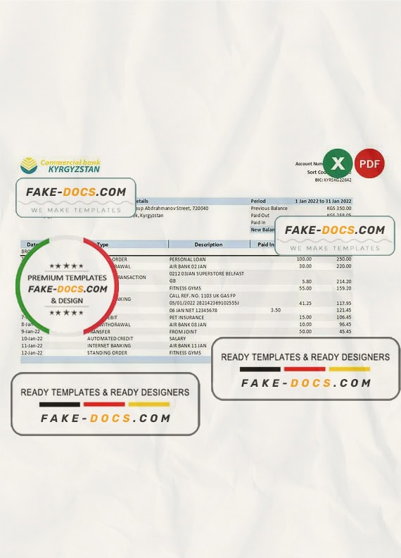 Kyrgyzstan Commercial bank statement Excel and PDF template Kyrgyzstan Commercial bank statement Excel and PDF template