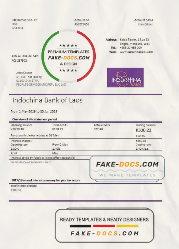 Laos Indochina Bank statement template in Word and PDF format Laos Indochina Bank statement template in Word and PDF format