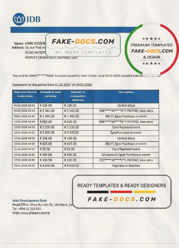 Laos Joint Development Bank (JDB) proof of address bank statement template in Word and PDF format Laos Joint Development Bank (JDB) proof of address bank statement template in Word and PDF format