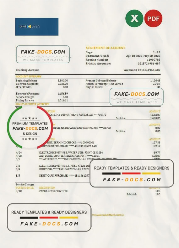 Laos LCNB bank statement Excel and PDF template Laos LCNB bank statement Excel and PDF template