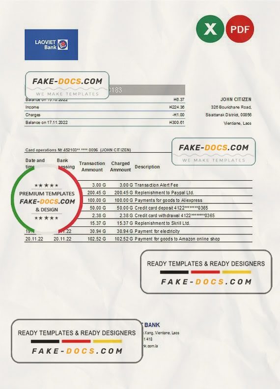 Laos Lao Viet bank statement Excel and PDF template Laos Lao Viet bank statement Excel and PDF template