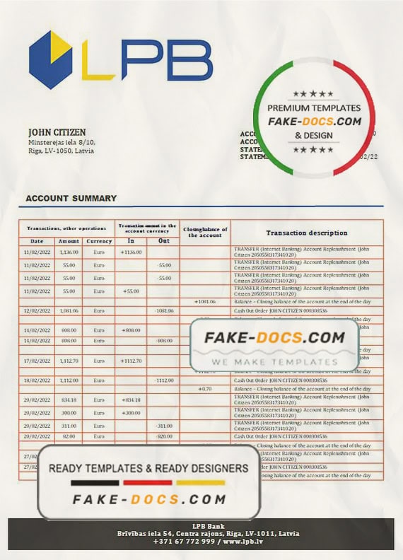 Latvia LPB bank statement template, Word and PDF format (.doc and .pdf) Latvia LPB bank statement template, Word and PDF format (.doc and .pdf)