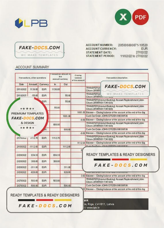 Latvia LPB bank statement Excel and PDF template Latvia LPB bank statement Excel and PDF template