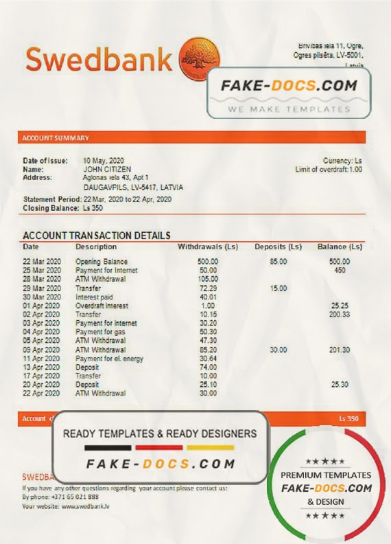 Latvia Swedbank bank statement template, Word and PDF format (.doc and .pdf) Latvia Swedbank bank statement template, Word and PDF format (.doc and .pdf)
