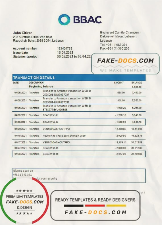 Lebanon BBAC Bank statement easy to fill template in .xls and .pdf file format Lebanon BBAC Bank statement easy to fill template in .xls and .pdf file format