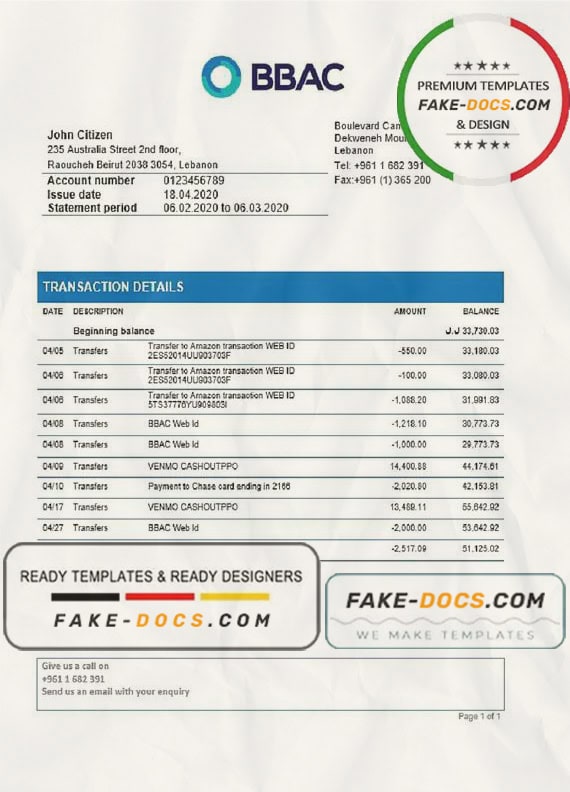 Lebanon BBAC Bank proof of address statement template in Word and PDF format Lebanon BBAC Bank proof of address statement template in Word and PDF format