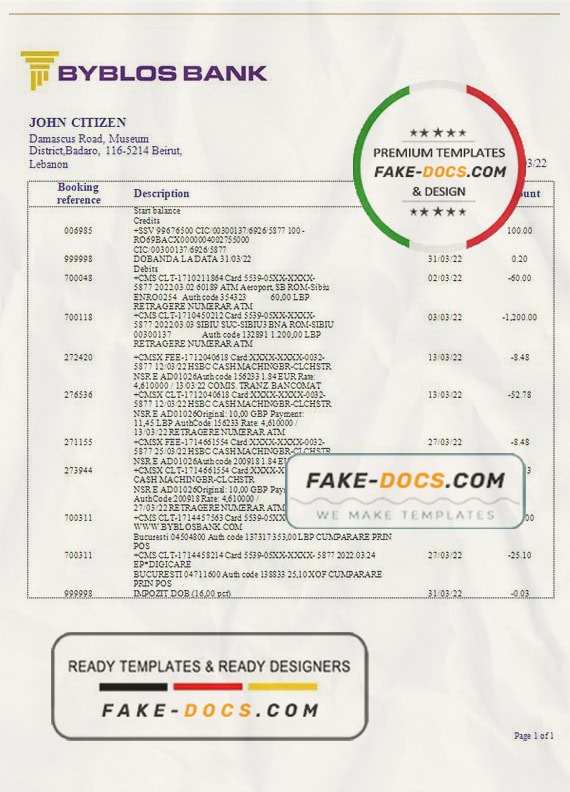 Lebanon Byblos Bank statement template in Word and PDF format Lebanon Byblos Bank statement template in Word and PDF format