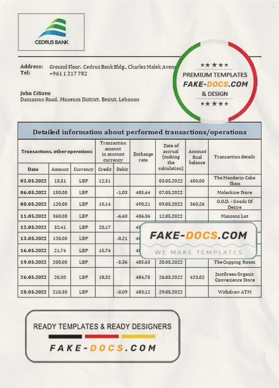 Lebanon Cedrus Bank statement template in Word and PDF format Lebanon Cedrus Bank statement template in Word and PDF format