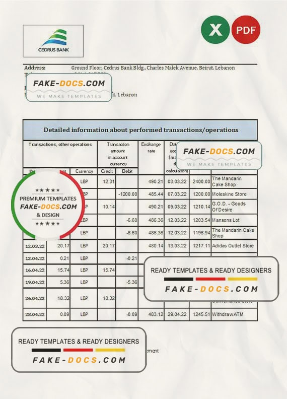 Lebanon Cedrus bank statement Excel and PDF template Lebanon Cedrus bank statement Excel and PDF template