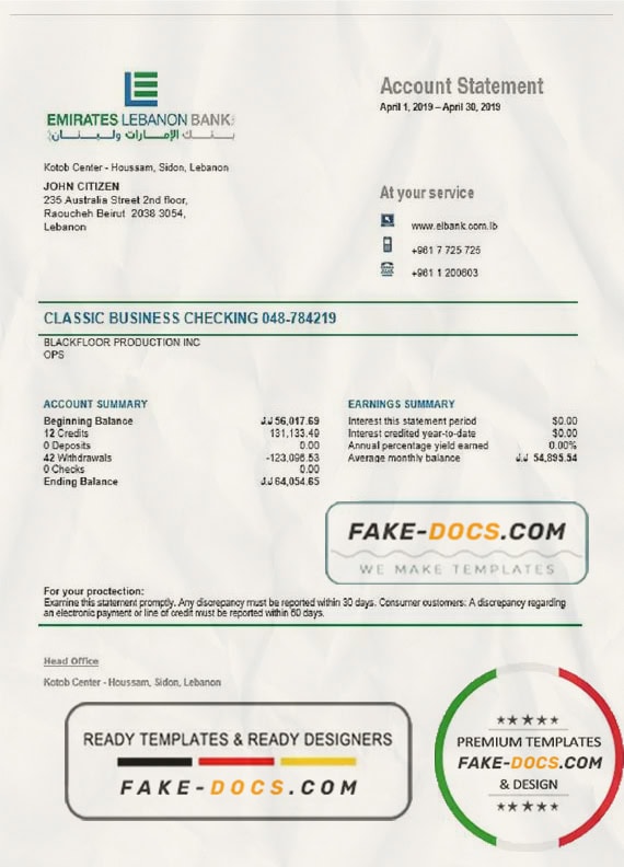 Lebanon Emirates Lebanon Bank statement template in Word and PDF format, good for address prove Lebanon Emirates Lebanon Bank statement template in Word and PDF format, good for address prove
