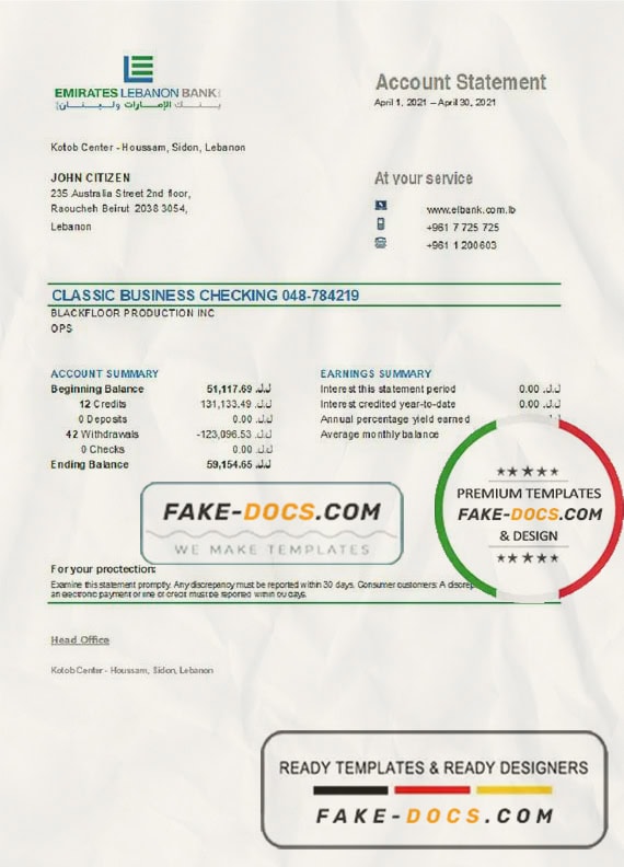 Lebanon Emirates Lebanon Bank statement template in Excel and PDF format, good for address prove Lebanon Emirates Lebanon Bank statement template in Excel and PDF format, good for address prove