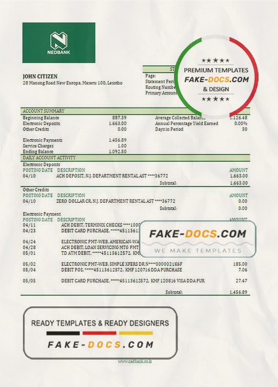 Lesotho Nedbaank Bank statement template in Word and PDF format Lesotho Nedbaank Bank statement template in Word and PDF format