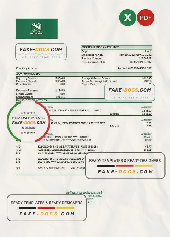 Lesotho Nedbaank bank statement Excel and PDF template Lesotho Nedbaank bank statement Excel and PDF template