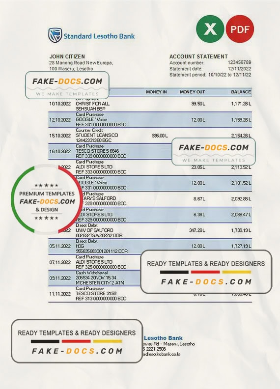 Lesotho Standard Lesotho Bank statement Excel and PDF template Lesotho Standard Lesotho Bank statement Excel and PDF template
