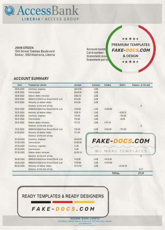 Liberia Access bank statement template in Word and PDF format Liberia Access bank statement template in Word and PDF format