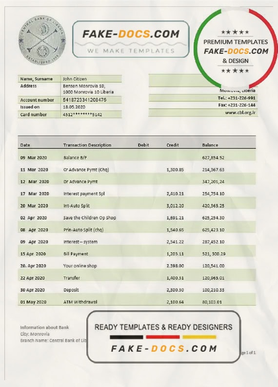 Liberia Central Bank of Liberia bank statement template in Word and PDF format Liberia Central Bank of Liberia bank statement template in Word and PDF format