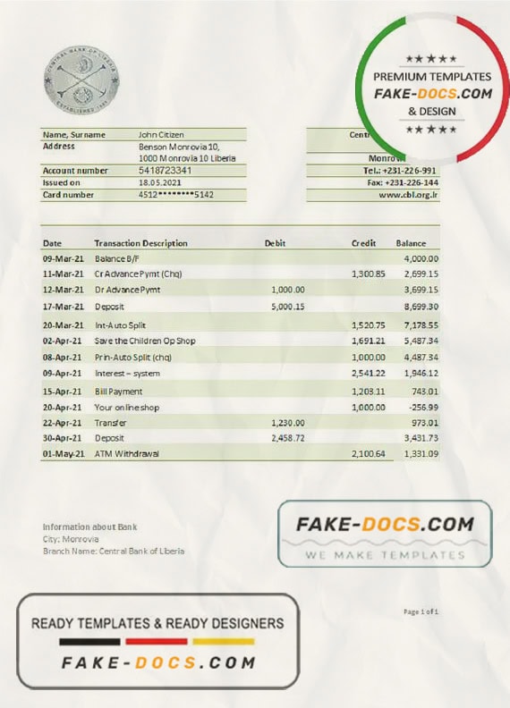 Liberia Central Bank of Liberia bank statement easy to fill template in .xls and .pdf file format Liberia Central Bank of Liberia bank statement easy to fill template in .xls and .pdf file format