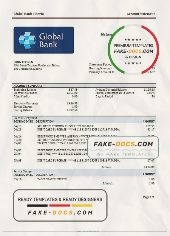 Liberia Global bank statement template in Word and PDF format Liberia Global bank statement template in Word and PDF format