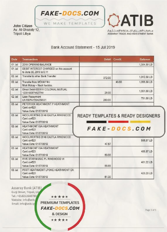 Libya Assaray (ATIB) bank statement easy to fill template in Word and PDF format Libya Assaray (ATIB) bank statement easy to fill template in Word and PDF format