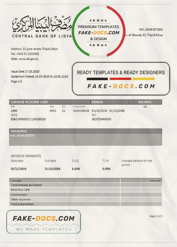 Libya Central Bank of Libya proof of address bank statement template in Word and PDF format (.doc and .pdf) Libya Central Bank of Libya proof of address bank statement template in Word and PDF format (.doc and .pdf)
